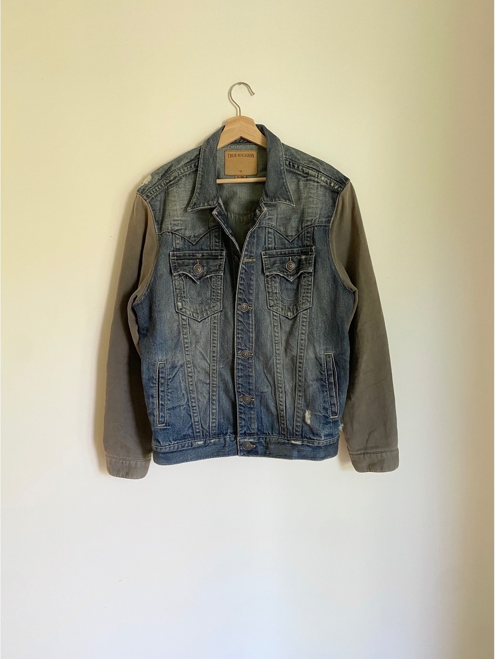 True Religion Jimmy Denim Knit Sleeve Jacket XL Blue Taupe Trucker Y2K Men’s